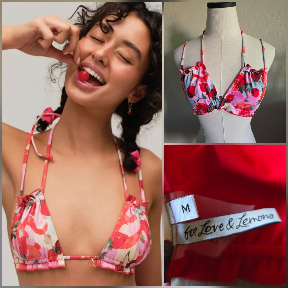 For Love and Lemons Brooke Bikini Top Size‎ Medium Fruit Cherry Strawberry Swim